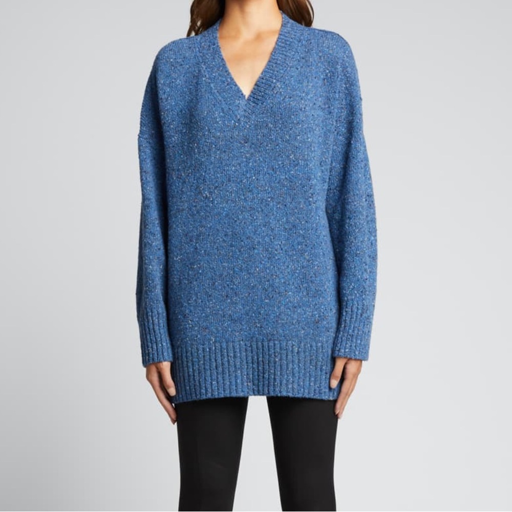 Lafayette 148 Womens XS Speckled Blue Cashmere Oversized Knit Sweater Ribbed Hem